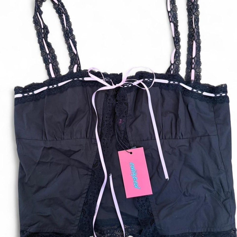 NWT Edikted Black lace trimmed top with‎ pink ribbon detail